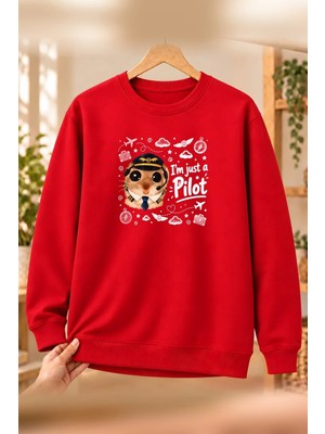 Mor Mürekkep Sad Hamster Pilot Baskılı Kadın Bisiklet Yaka Sweatshirt - Kırmızı