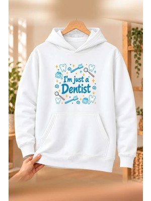 Mor Mürekkep Diş Hekimi (Dentist) Meslek Yazısı Baskılı Kadın Kapüşonlu Sweatshirt - Beyaz