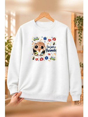 Mor Mürekkep Sad Hamster Paramedik (Paramedic) Baskılı Kadın Bisiklet Yaka Sweatshirt - Beyaz