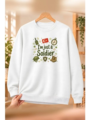 Mor Mürekkep Asker (Soldier) Meslek Yazısı Baskılı Kadın Bisiklet Yaka Sweatshirt - Beyaz