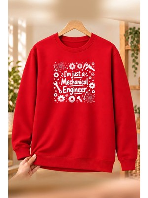 Mor Mürekkep Makine Mühendisi (Mechanical Engineer) Baskılı Kadın Bisiklet Yaka Sweatshirt - Kırmızı