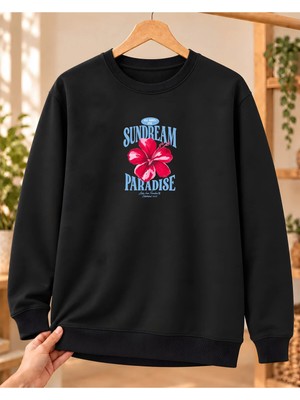 Mor Mürekkep Kadın %100 Pamuk 3 Iplik Şardonlu Sundream Paradise Hibiskus Baskılı Bisiklet Yaka Sweatshirt Siyah