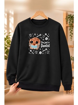Mor Mürekkep Sad Hamster Diş Hekimi (Dentist) Baskılı Kadın Bisiklet Yaka Sweatshirt - Siyah