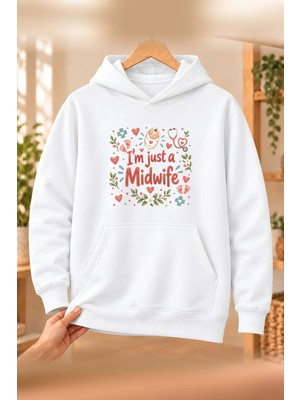 Mor Mürekkep Ebe (Midwife) Meslek Yazısı Baskılı Kadın Kapüşonlu Sweatshirt - Beyaz