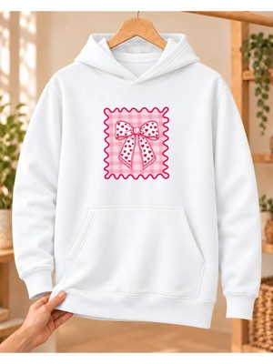 Mor Mürekkep Kadın %100 Pamuk 3 Iplik Şardonlu Pötikare Kalpli Fiyonk Baskılı Kapüşonlu Sweatshirt Beyaz