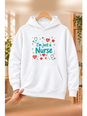Mor Mürekkep Hemşire (Nurse) Meslek Yazısı Baskılı Kadın Kapüşonlu Sweatshirt - Beyaz