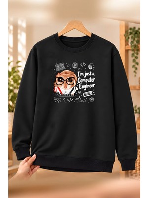 Mor Mürekkep Sad Hamster Bilgisayar Mühendisi (Computer Engineer) Baskılı Kadın Bisiklet Yaka Sweatshirt - Siyah