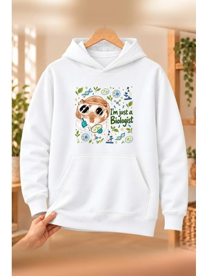 Mor Mürekkep Sad Hamster Biyolog (Biologist) Baskılı Kadın Kapüşonlu Sweatshirt - Beyaz