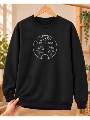 Mor Mürekkep Kadın Kam Davulu Baskılı Bisiklet Yaka Sweatshirt - Siyah