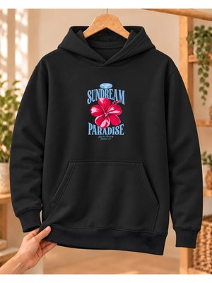 Mor Mürekkep Kadın %100 Pamuk 3 Iplik Şardonlu Sundream Paradise Hibiskus Baskılı Kapüşonlu Sweatshirt Siyah