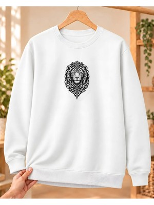 Mor Mürekkep Kadın Ornamental Aslan Başı Baskılı Bisiklet Yaka Sweatshirt - Beyaz