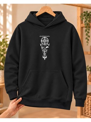 Mor Mürekkep Kadın Türk Sembolleri Dikey Kompozisyon Baskılı Kapüşonlu Sweatshirt - Siyah