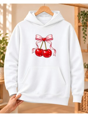 Mor Mürekkep Kadın %100 Pamuk 3 Iplik Şardonlu Kalpli Fiyonklu Kiraz Baskılı Kapüşonlu Sweatshirt Beyaz