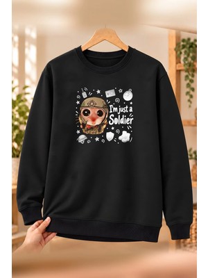 Mor Mürekkep Sad Hamster Asker (Soldier) Baskılı Kadın Bisiklet Yaka Sweatshirt - Siyah
