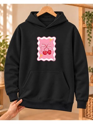 Mor Mürekkep Kadın %100 Pamuk 3 Iplik Şardonlu Pembe Çerçeveli Kiraz Baskılı Kapüşonlu Sweatshirt Siyah