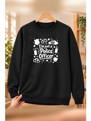 Mor Mürekkep Polis (Police Officer) Meslek Yazısı Baskılı Kadın Bisiklet Yaka Sweatshirt - Siyah