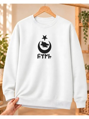 Mor Mürekkep Kadın Hilal Içinde Bozkurt ve Göktürk Yazısı Baskılı Bisiklet Yaka Sweatshirt - Beyaz