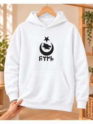 Mor Mürekkep Kadın Hilal Içinde Bozkurt ve Göktürk Yazısı Baskılı Kapüşonlu Sweatshirt - Beyaz