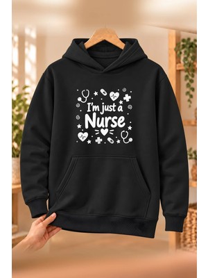 Mor Mürekkep Hemşire (Nurse) Meslek Yazısı Baskılı Kadın Kapüşonlu Sweatshirt - Siyah