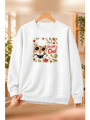 Mor Mürekkep Sad Hamster Aşçı (Chef) Baskılı Kadın Bisiklet Yaka Sweatshirt - Beyaz