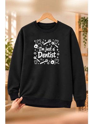 Mor Mürekkep Diş Hekimi (Dentist) Meslek Yazısı Baskılı Kadın Bisiklet Yaka Sweatshirt - Siyah