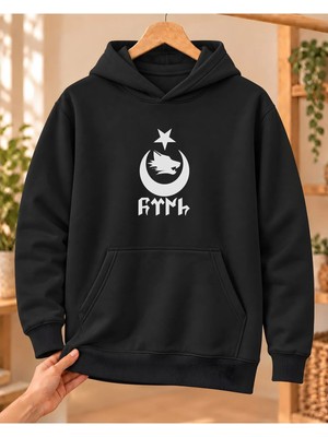 Mor Mürekkep Kadın Hilal Içinde Bozkurt ve Göktürk Yazısı Baskılı Kapüşonlu Sweatshirt - Siyah