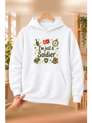 Mor Mürekkep Asker (Soldier) Meslek Yazısı Baskılı Kadın Kapüşonlu Sweatshirt - Beyaz