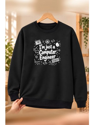 Mor Mürekkep Bilgisayar Mühendisi (Computer Engineer) Baskılı Kadın Bisiklet Yaka Sweatshirt - Siyah