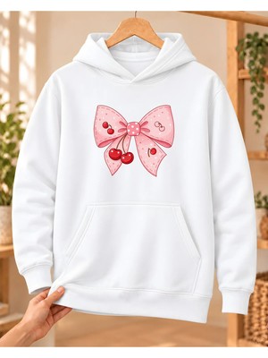 Mor Mürekkep Kadın %100 Pamuk 3 Iplik Şardonlu Kirazlı Pembe Fiyonk Baskılı Kapüşonlu Sweatshirt Beyaz