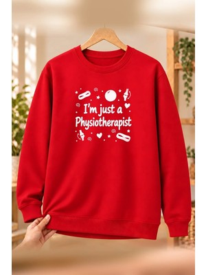 Mor Mürekkep Fizyoterapist (Physiotherapist) Meslek Yazısı Baskılı Kadın Bisiklet Yaka Sweatshirt - Kırmızı