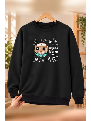 Mor Mürekkep Sad Hamster Hemşire (Nurse) Baskılı Kadın Bisiklet Yaka Sweatshirt - Siyah