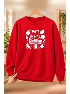 Mor Mürekkep Diyetisyen (Dietitian) Meslek Yazısı Baskılı Kadın Bisiklet Yaka Sweatshirt - Kırmızı