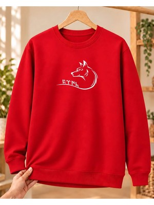 Mor Mürekkep Kadın Bozkurt Profili ve Kavisli Göktürk Yazısı Baskılı Bisiklet Yaka Sweatshirt - Kırmızı
