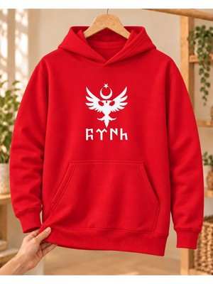 Mor Mürekkep Kadın Çift Başlı Kartal Ay Yıldız ve Göktürk Yazısı Baskılı Kapüşonlu Sweatshirt - Kırmızı