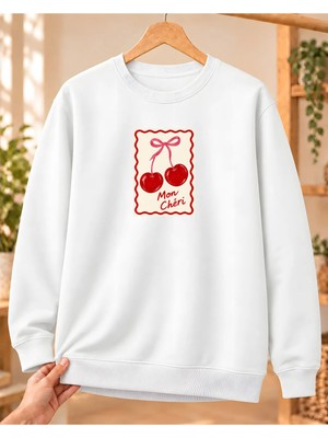 Mor Mürekkep Kadın %100 Pamuk 3 Iplik Şardonlu Mon Chéri Kiraz Baskılı Bisiklet Yaka Sweatshirt Beyaz