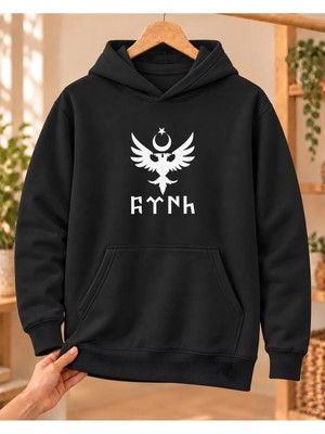Mor Mürekkep Kadın Çift Başlı Kartal Ay Yıldız ve Göktürk Yazısı Baskılı Kapüşonlu Sweatshirt - Siyah