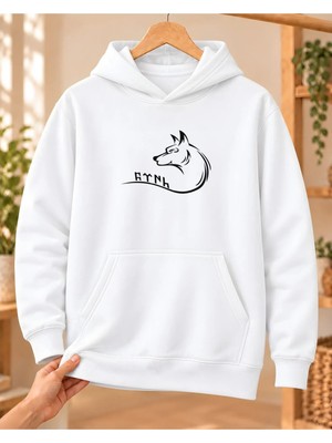 Mor Mürekkep Kadın Bozkurt Profili ve Kavisli Göktürk Yazısı Baskılı Kapüşonlu Sweatshirt - Beyaz