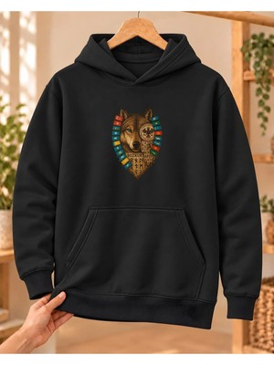 Mor Mürekkep Kadın Bozkurt Türk Bayrakları ve Semboller Baskılı Kapüşonlu Sweatshirt - Siyah