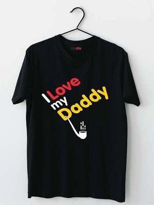 Mor Mürekkep Love Daddy Baskılı Siyah Kadın Tişört - Babalar Günü Hediyesi