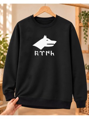 Mor Mürekkep Kadın Bozkurt Silüeti ve Göktürk Yazısı Baskılı Bisiklet Yaka Sweatshirt - Siyah
