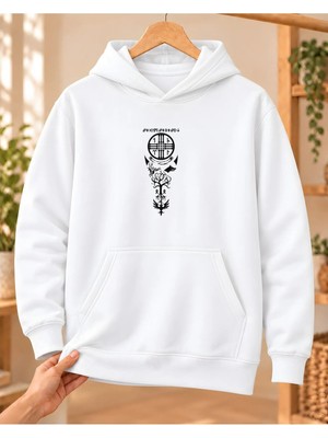 Mor Mürekkep Kadın Türk Sembolleri Dikey Kompozisyon Baskılı Kapüşonlu Sweatshirt - Beyaz