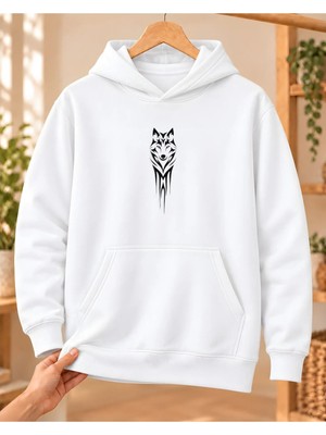 Mor Mürekkep Kadın Tribal Bozkurt Başı Baskılı Kapüşonlu Sweatshirt - Beyaz
