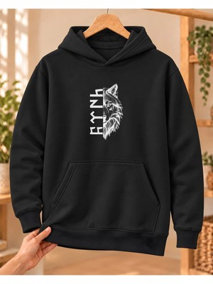 Mor Mürekkep Kadın Yarım Bozkurt ve Dikey Göktürk Yazısı Baskılı Kapüşonlu Sweatshirt - Siyah