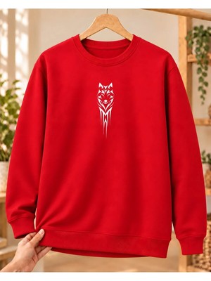 Mor Mürekkep Kadın Tribal Bozkurt Başı Baskılı Bisiklet Yaka Sweatshirt - Kırmızı
