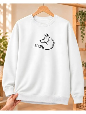 Mor Mürekkep Kadın Bozkurt Profili ve Kavisli Göktürk Yazısı Baskılı Bisiklet Yaka Sweatshirt - Beyaz