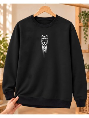 Mor Mürekkep Kadın Tribal Bozkurt Başı Baskılı Bisiklet Yaka Sweatshirt - Siyah