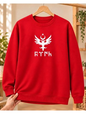 Mor Mürekkep Kadın Çift Başlı Kartal Ay Yıldız ve Göktürk Yazısı Baskılı Bisiklet Yaka Sweatshirt - Kırmızı