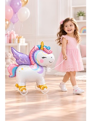 Patladı Gitti Unicorn Temalı Folyo Yürüyen Balon – Tekerlekli Sevimli Unicorn Balon 54X48,5 cm
