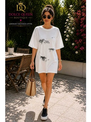 Dolce Queen Kadın Pamuklu Cotton Baskılı Oversize Mini Tişört Elbise