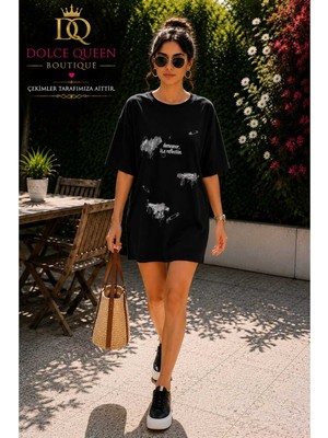 Dolce Queen Kadın Pamuklu Cotton Baskılı Oversize Mini Tişört Elbise